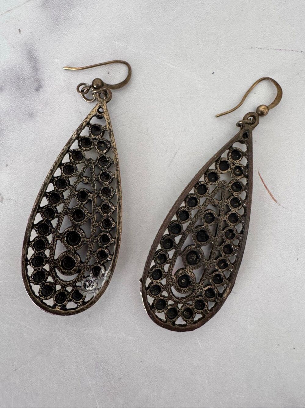 Women’s boho mustard yellow copper red teardrop metal earrings 2.5” hook hippie - Picture 3 of 3